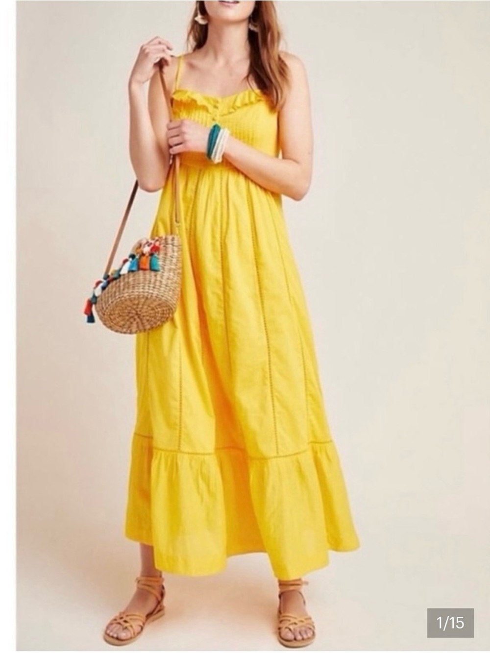 Anthropologie Sunny Yellow Ruffle-Trim Maxi Dress